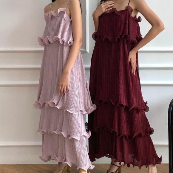 CLAUDE Ruffle Maxi Dress Small Burgundy Pleated Spaghetti Strap New with Tags - Picture 4 of 14